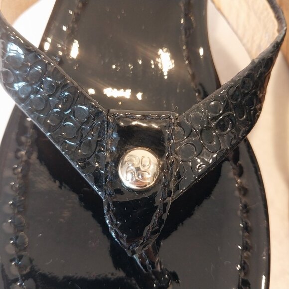 Coach 6.5 Strappy Sandal Wedge Cork Black Patent Leather Jorgina Signature Thong - Picture 2 of 13